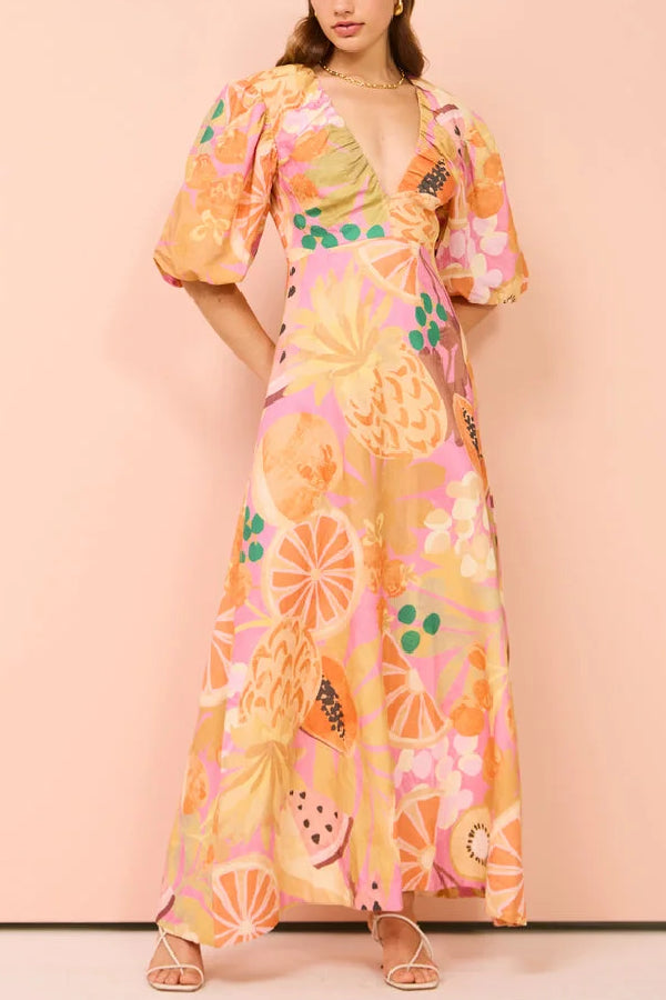 Maxi Gathered Neckline Dress In Fruit Punch