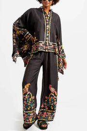 Fine Satin Floral Print Batwing Sleeve Pants Set - Black