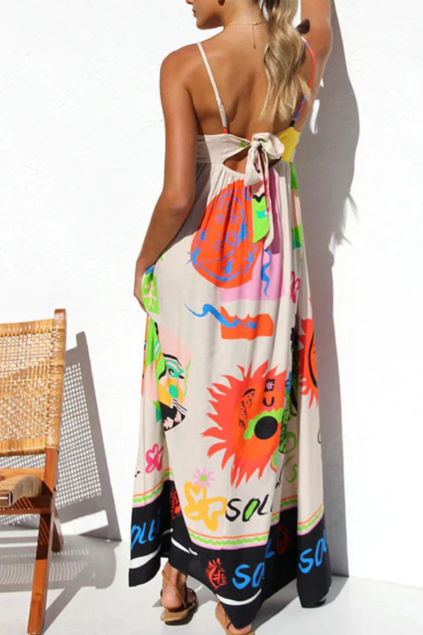 Tie Back Cut Out Graffiti Print Flowy Maxi Cami Dress