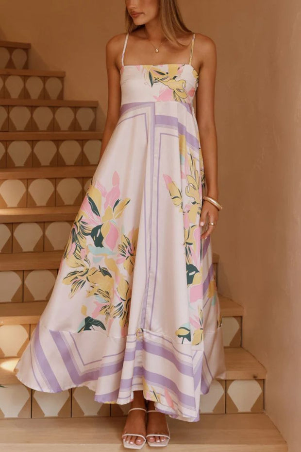 Botanical Print Square Neck Suspender Casual Full Hem Maxi Dress