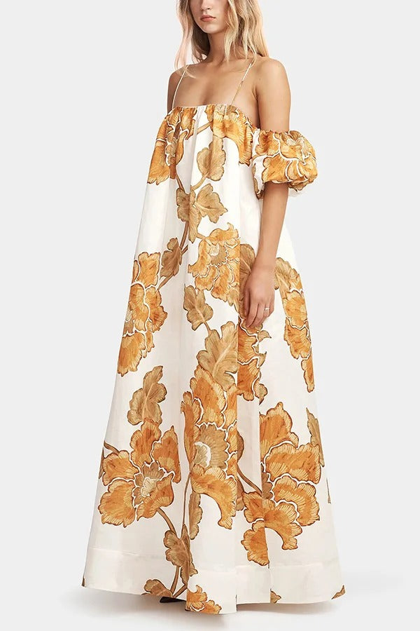 Floral Print Suspenders Puff Sleeves Loose Pocket Holiday Maxi Dress
