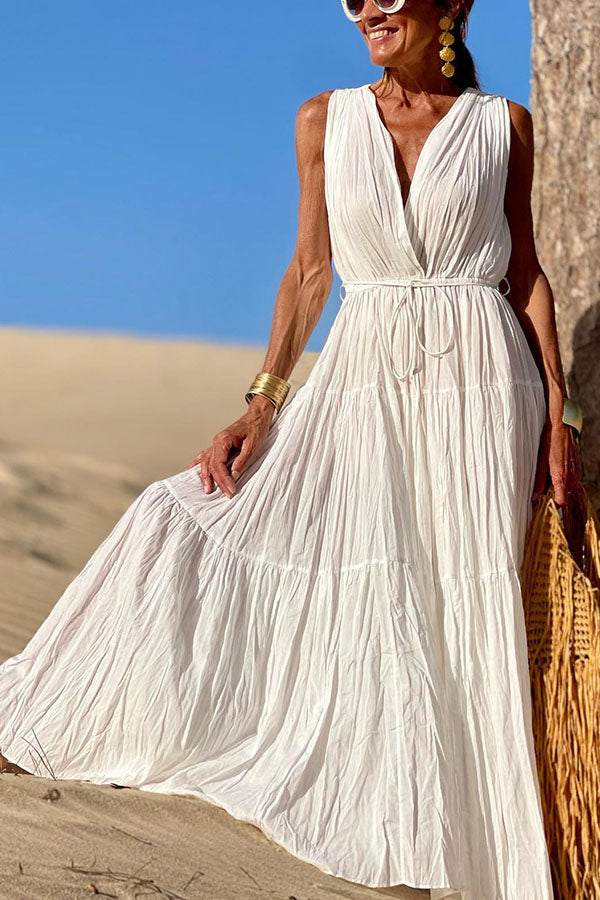 Pleated V-Neck Sleeveless Tie Dress