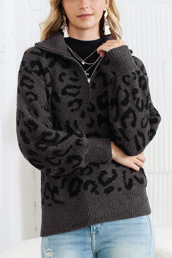 Casual Animal Print Zipped Collared Sweater