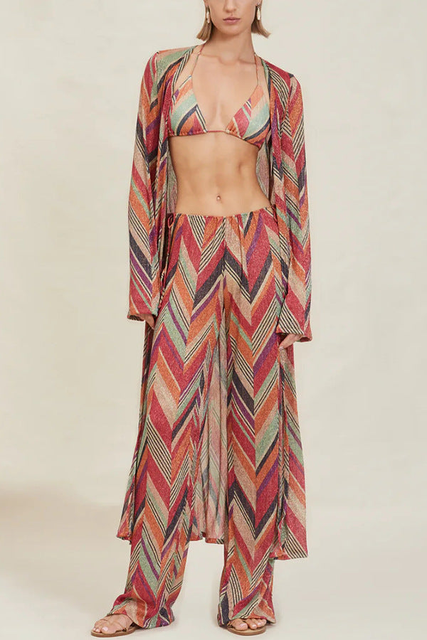Colorful Herringbone Print High-Waisted Wide-Leg Vacation Pants