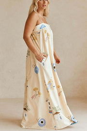 Linen Blend Sling Backless Loose Holiday Maxi Dress