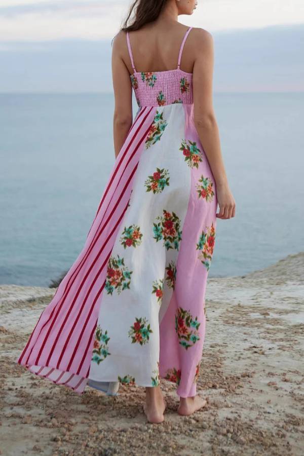 Spaghetti Strap Patchwork Floral & Stripe Waist-Cinched Maxi Dress