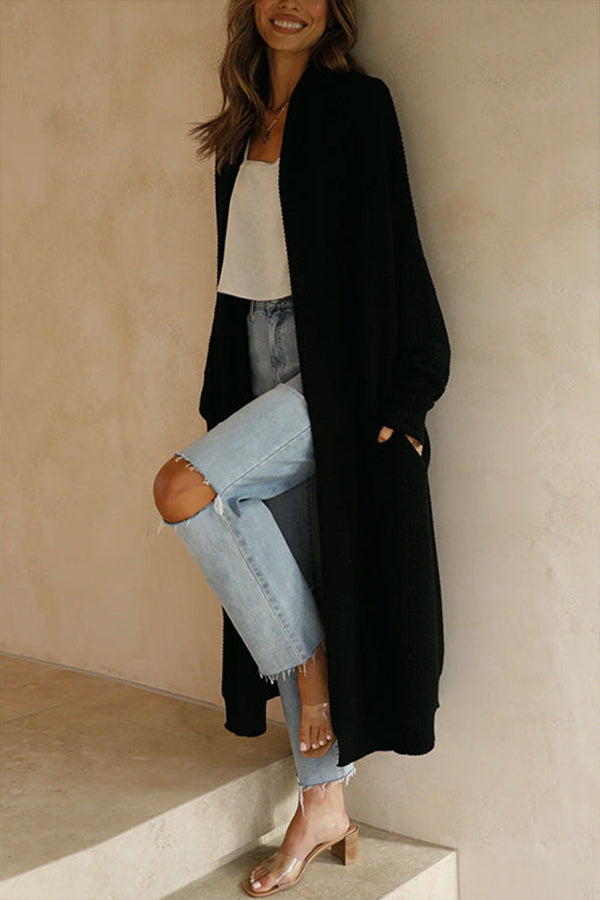 Open Front Drop Shoulder Pocketed Long Sweater Cardigan