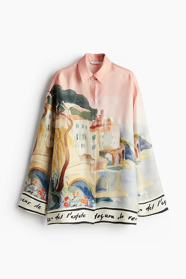 Unique Print Lapel Long Sleeve Loose Shirt and Elastic Waist Casual Pocket Shorts Set