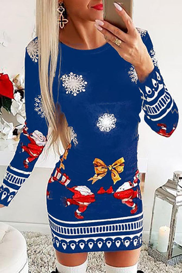 Christmas Mixed Print Long Sleeve Dress