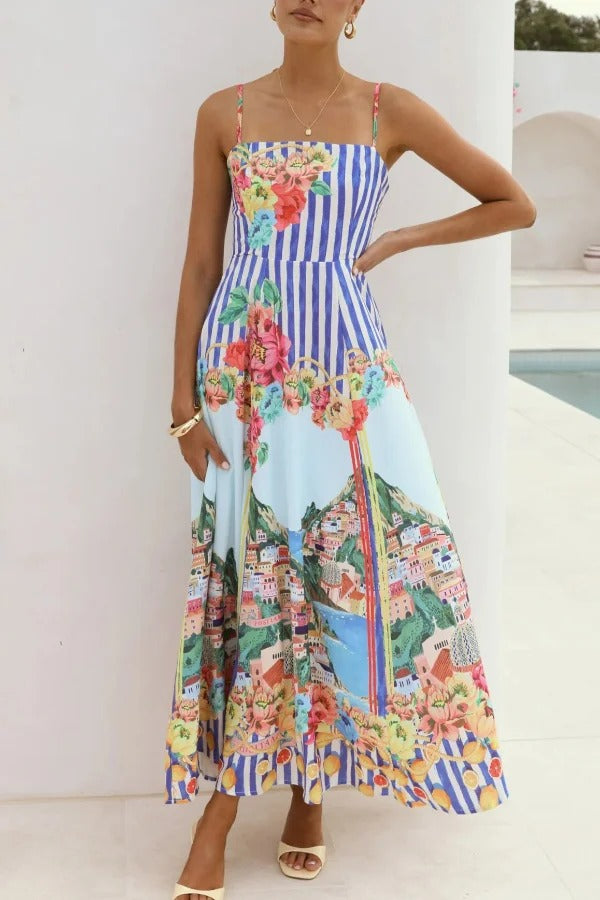 Unique Printed Spaghetti Strap Square Neck Casual Holiday Maxi Dress