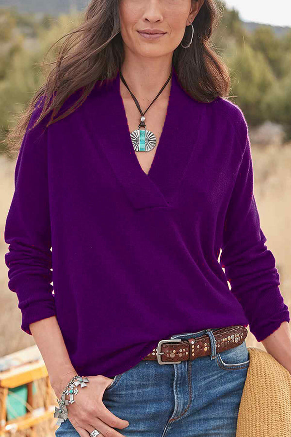 V-neck pullover solid color loose long-sleeved top