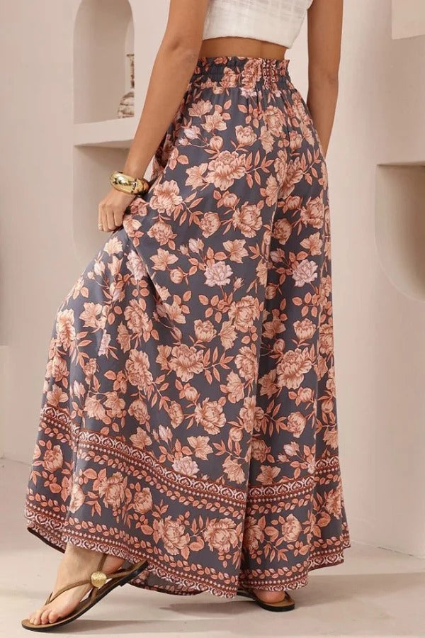 Floral Print Casual Elastic Waist Pocket Loose Wide-leg Pants