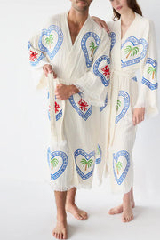 Linen Blend Unique Print Belt Swimwear / Lounge Cover-up Robe