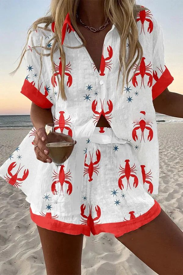 Fun Lobster Print Loose Button Elastic Waist Shorts Set