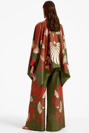 Fine Satin Floral Print Batwing Sleeve Pants Set - Dark green