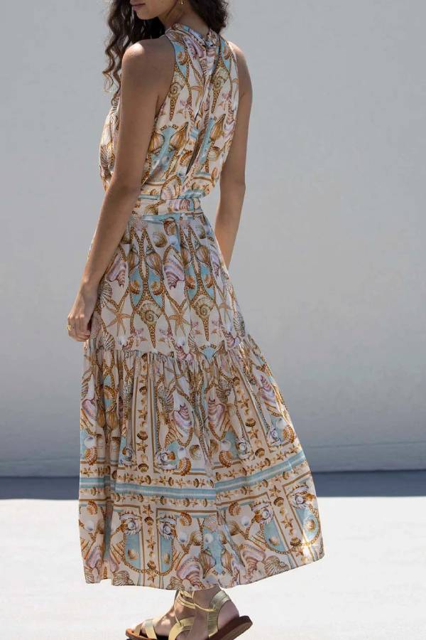 Exquisite Satin Ocean Treasure Print Maxi Dress