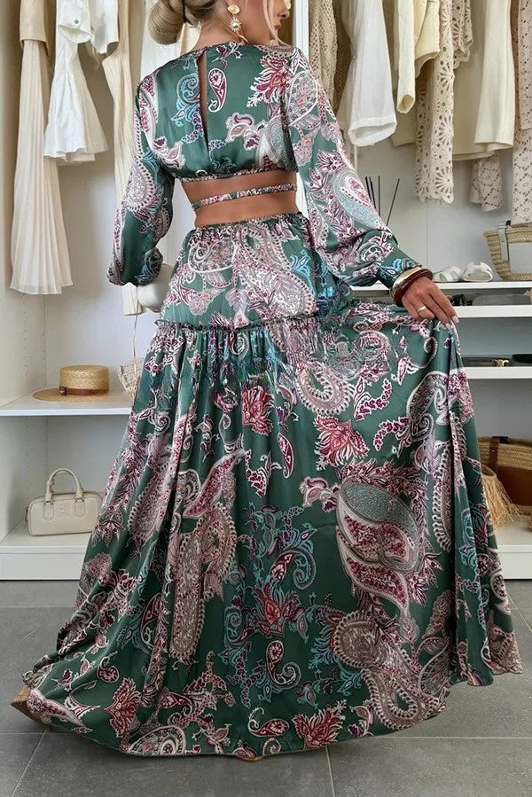 Gabbie Satin Paisley Print Cutout Elastic Waist Long Sleeve Full Hem Maxi Dress