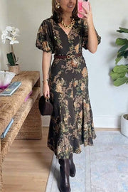 V Neck Puff Short Sleeves Floral Print Midi Dress