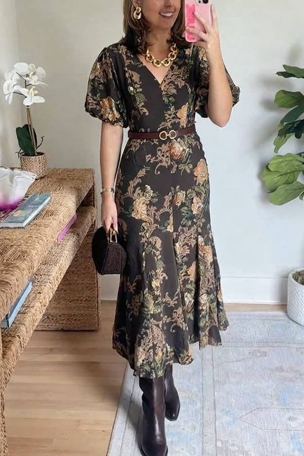 V Neck Puff Short Sleeves Floral Print Midi Dress