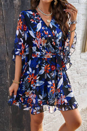 Printed V-neck lantern sleeve fitted waist dress