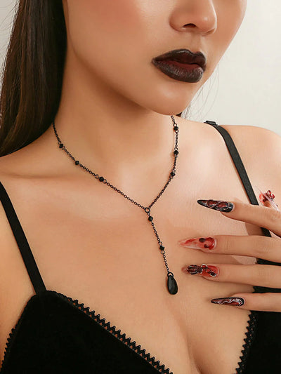 Gothic Black Teardrop Crystal Chest Chain Necklace