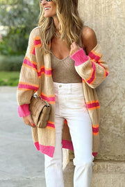 Striped Colorblock Rib Knit Drop Sleeve Long Cardigan