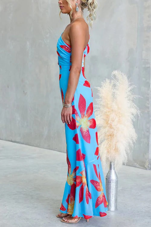 One Shoulder Puff Short Sleeve Floral Print Maxi Dress