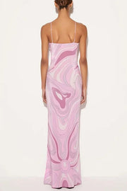Sunny Horizon Unique Print V-neck Slit Slip Maxi Dress