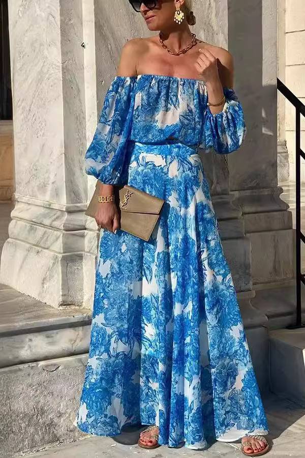 Off Shoulder Puff Sleeve Blue Floral Maxi Dress