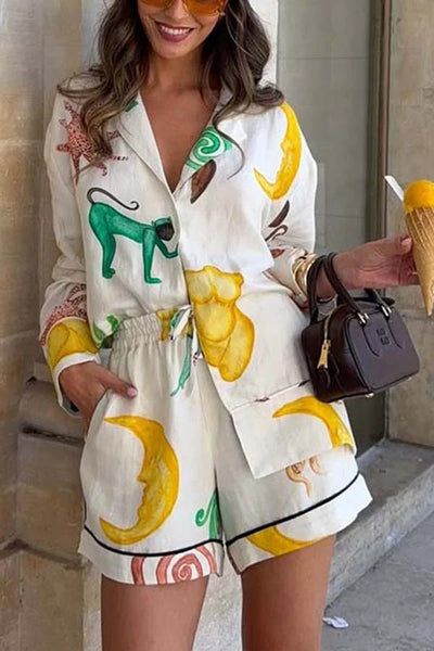 Fun Resort Linen Blend Unique Print Long Sleeve Shirt and Elastic Waist Pocket Shorts Set