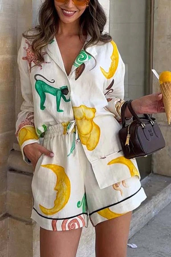 Fun Resort Linen Blend Unique Print Long Sleeve Shirt and Elastic Waist Pocket Shorts Set