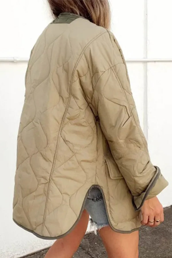 Women's Loose Cotton Jacket Color Block Pocket Casual Jacket
