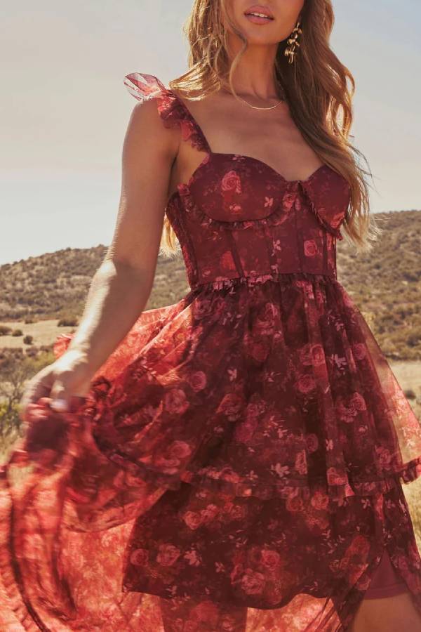 Reina Tiered Mesh Floral Maxi Dress