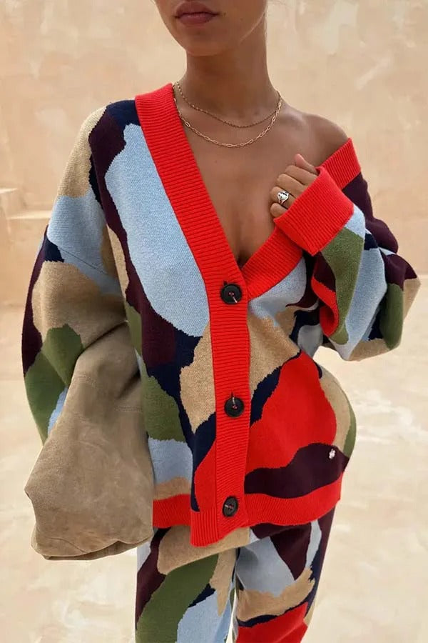 Bright and Bold Knit Abstract Color Blocks Button Long Sleeve Loose Cardigan