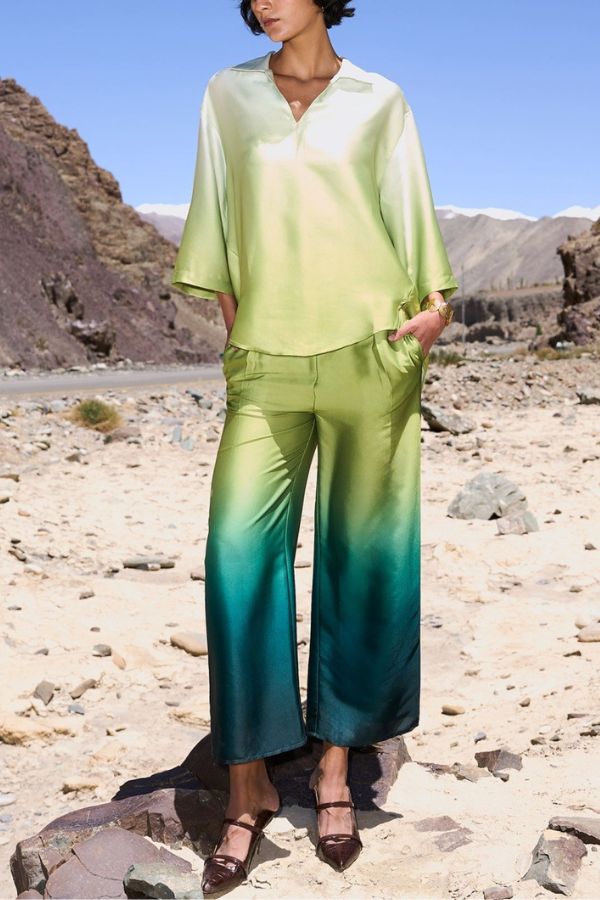Alenah Satin Gradient Print V-Neck Loose Shirt and Casual Pocket Wide Leg Pants Set