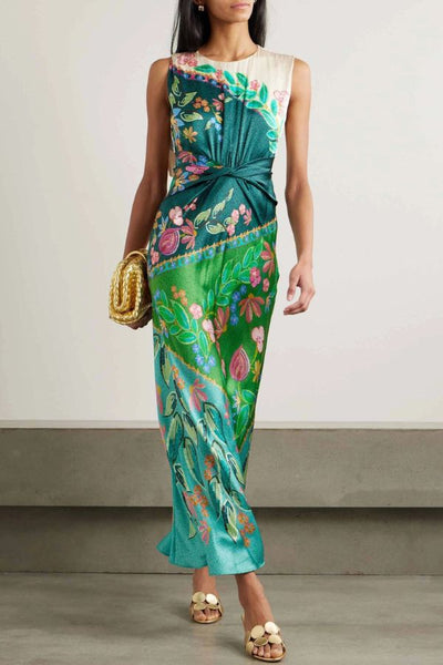 Exquisite Twisted Draped Floral Print Maxi Dress