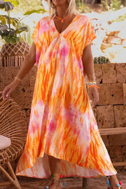 V-neck Tie-dye Printed Big Swing Dress