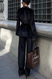 Cool Girl Energy Velvet Long Sleeve Belted Lapel Coat and Elastic Waist Pocketed Loose Pants Set