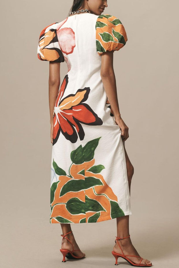 Summer Gala Floral Print Puff-Sleeve A-Line Slit Maxi Dress