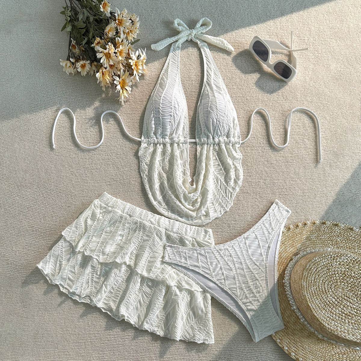 Halter Deep V Ruched Three-Piece Swimsuit