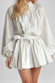 Retro Print Stand Collar Lantern Sleeve Fitted Waist Dress