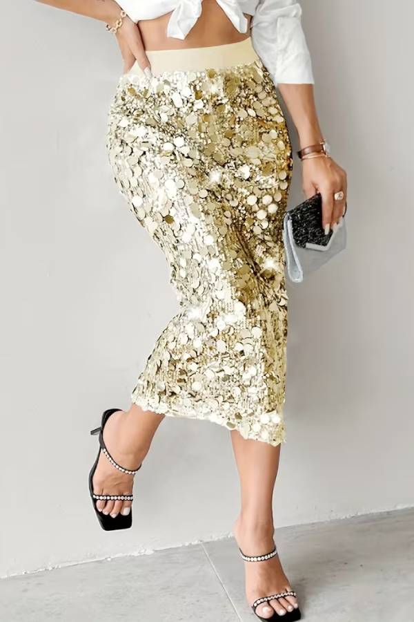 Silver Sequin Bodycon Midi Skirt