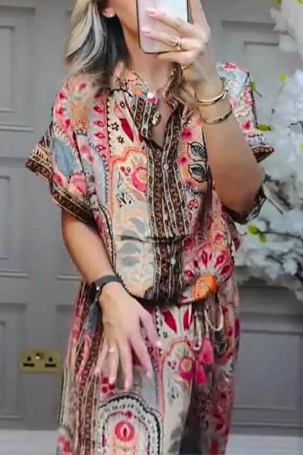 Boho Printed Fringe-Accented Loose Blouse