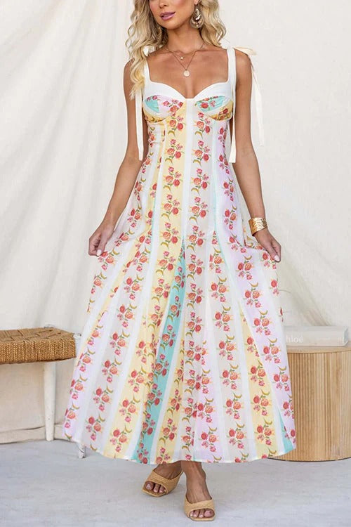 Bow Shoulder Floral Print Flowy Maxi Dress