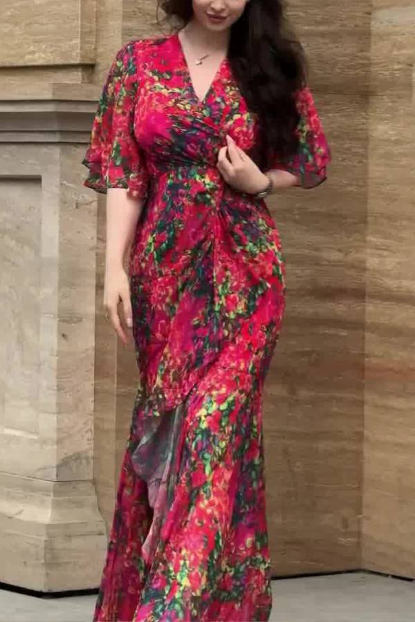 Retro V-neck trumpet sleeve printed dress
