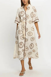 Resort Style Print Lapel Short Sleeves Casual Pocket Waist Tie Loose Midi Dress