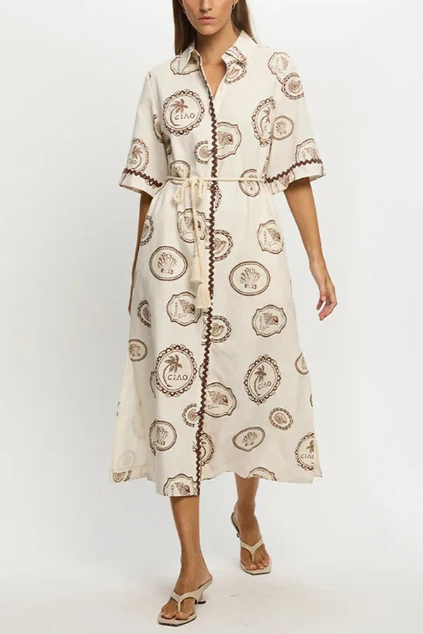 Resort Style Print Lapel Short Sleeves Casual Pocket Waist Tie Loose Midi Dress