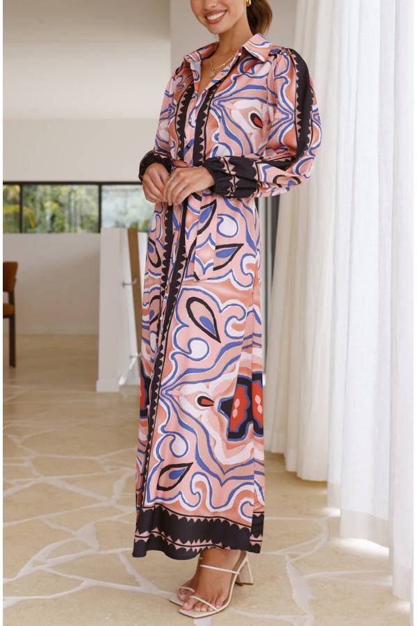 COLLARED BUTTON UP LONG BALLOON SLEEVE MAXI DRESS