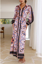 COLLARED BUTTON UP LONG BALLOON SLEEVE MAXI DRESS