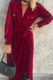 Fashionable and Versatile Shirt Collar Lace-up Long Sleeve Dress